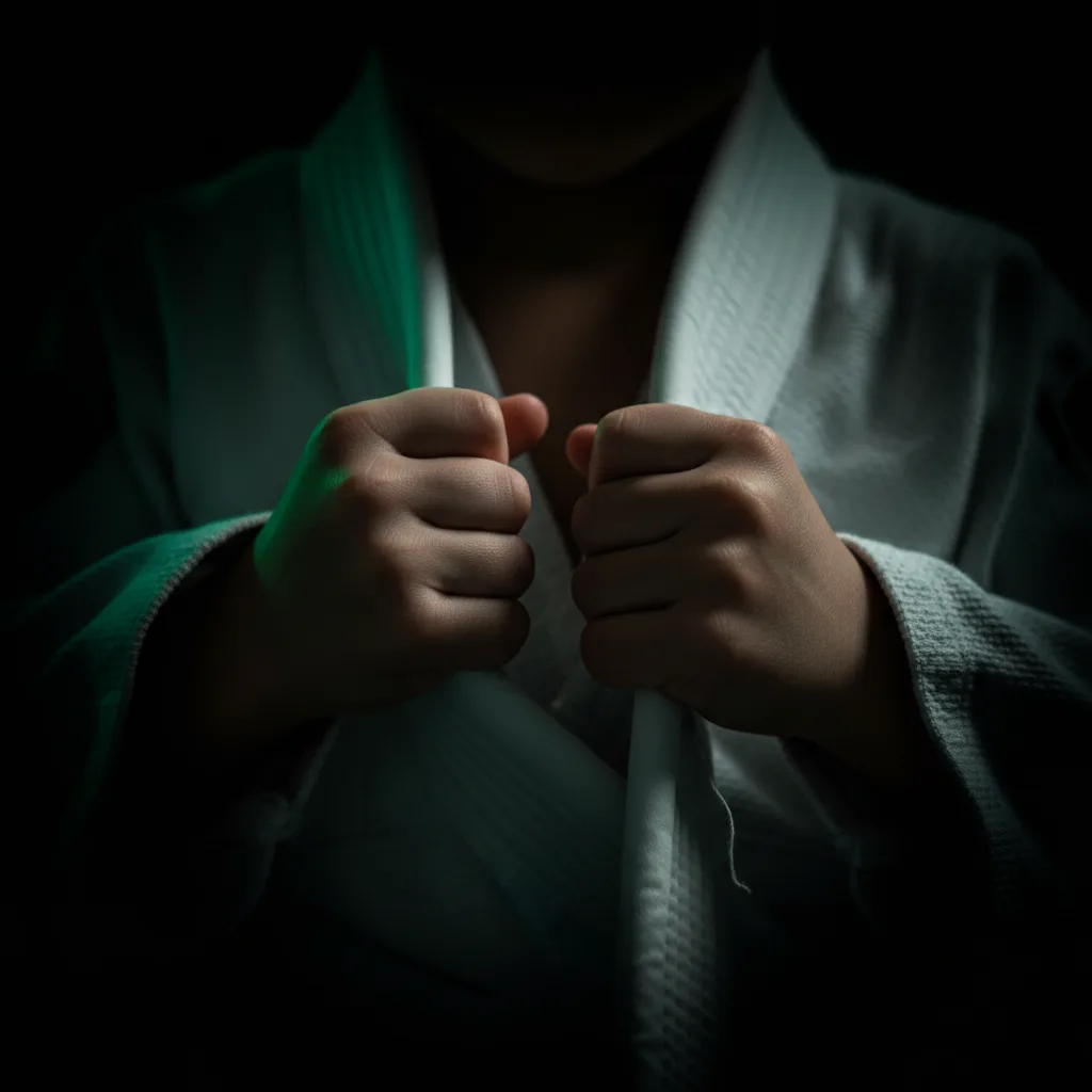 Mãos de criança firmes na pegada do kimono